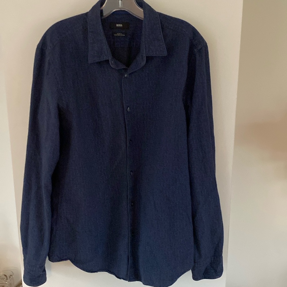 BOSS HUGO BOSS slim fit black blue button-up long-sleeve dress shirt L - Picture 1 of 5